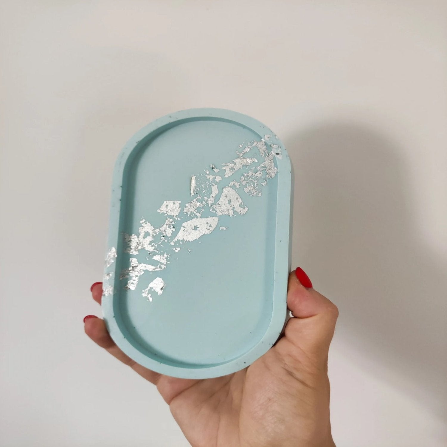 Baby blue oval catch all tray with silver flakes