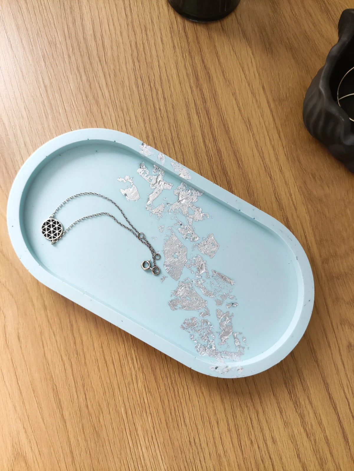 Baby blue oval catch all tray with silver flakes