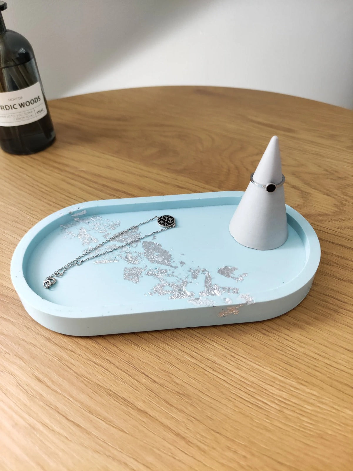 Baby blue oval catch all tray with silver flakes