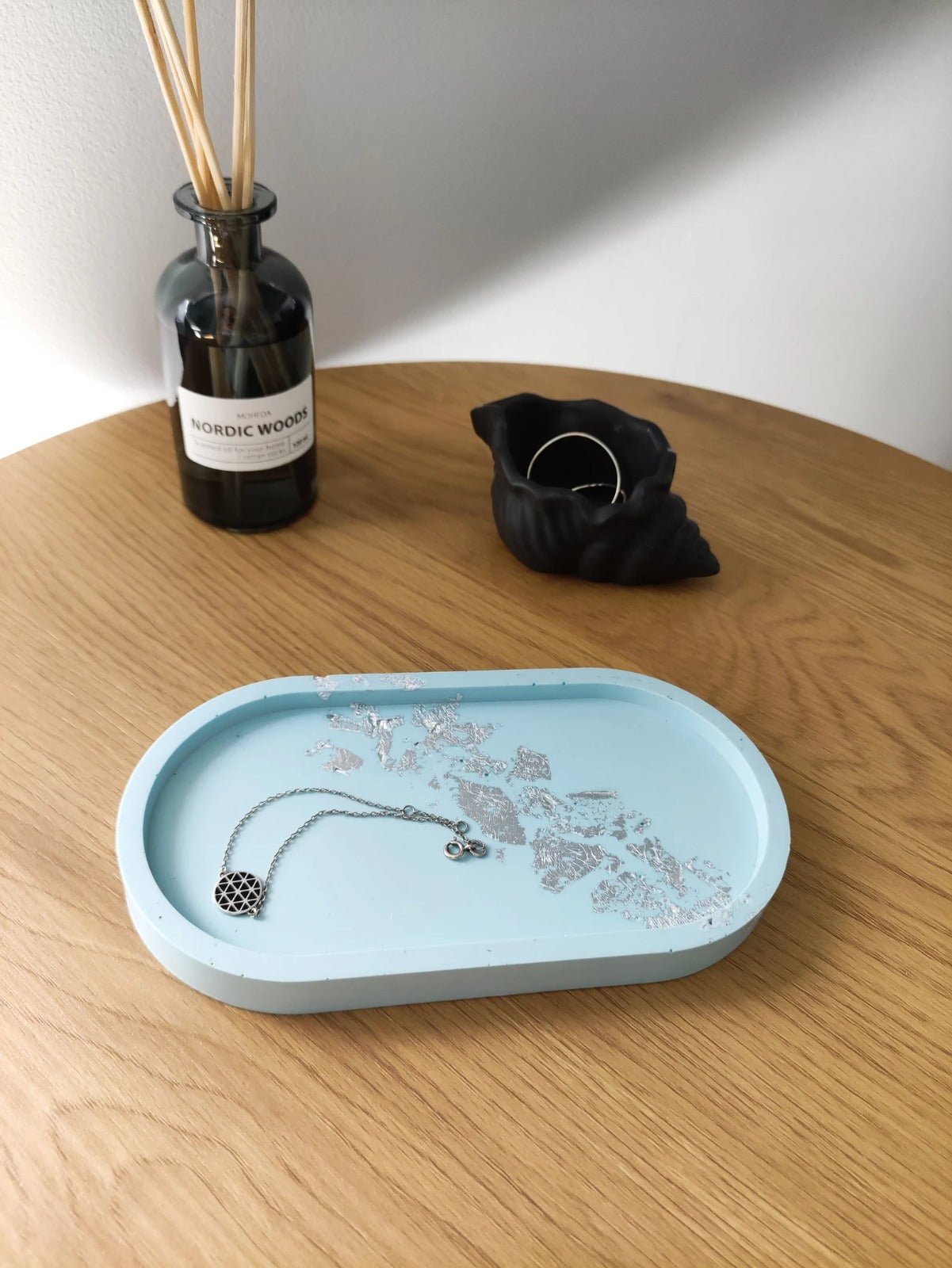 Baby blue oval catch all tray with silver flakes